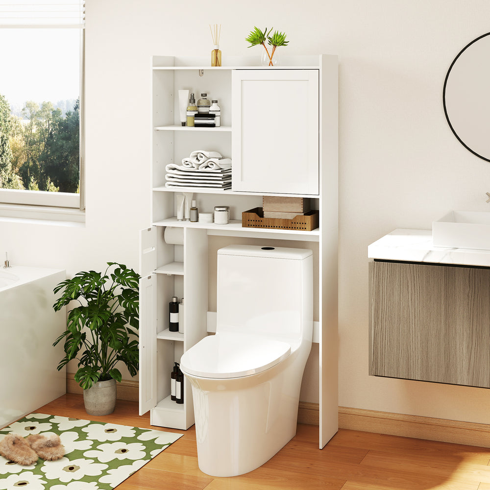 Standing toilet rack in white with sliding door and enclosed cabinet, designed for maximizing bathroom storage space.