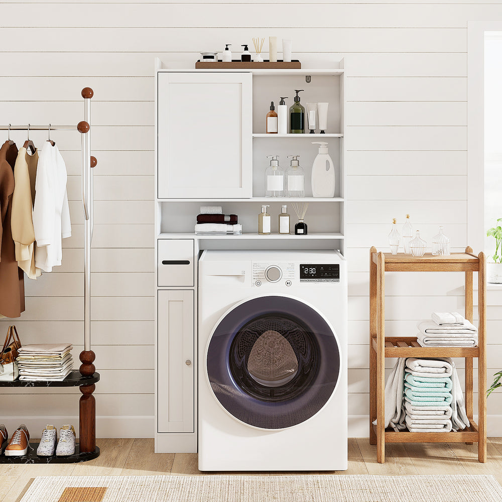 Over-the-toilet storage cabinet with a solid base and reinforced crossbar for stability, ideal for bathroom.