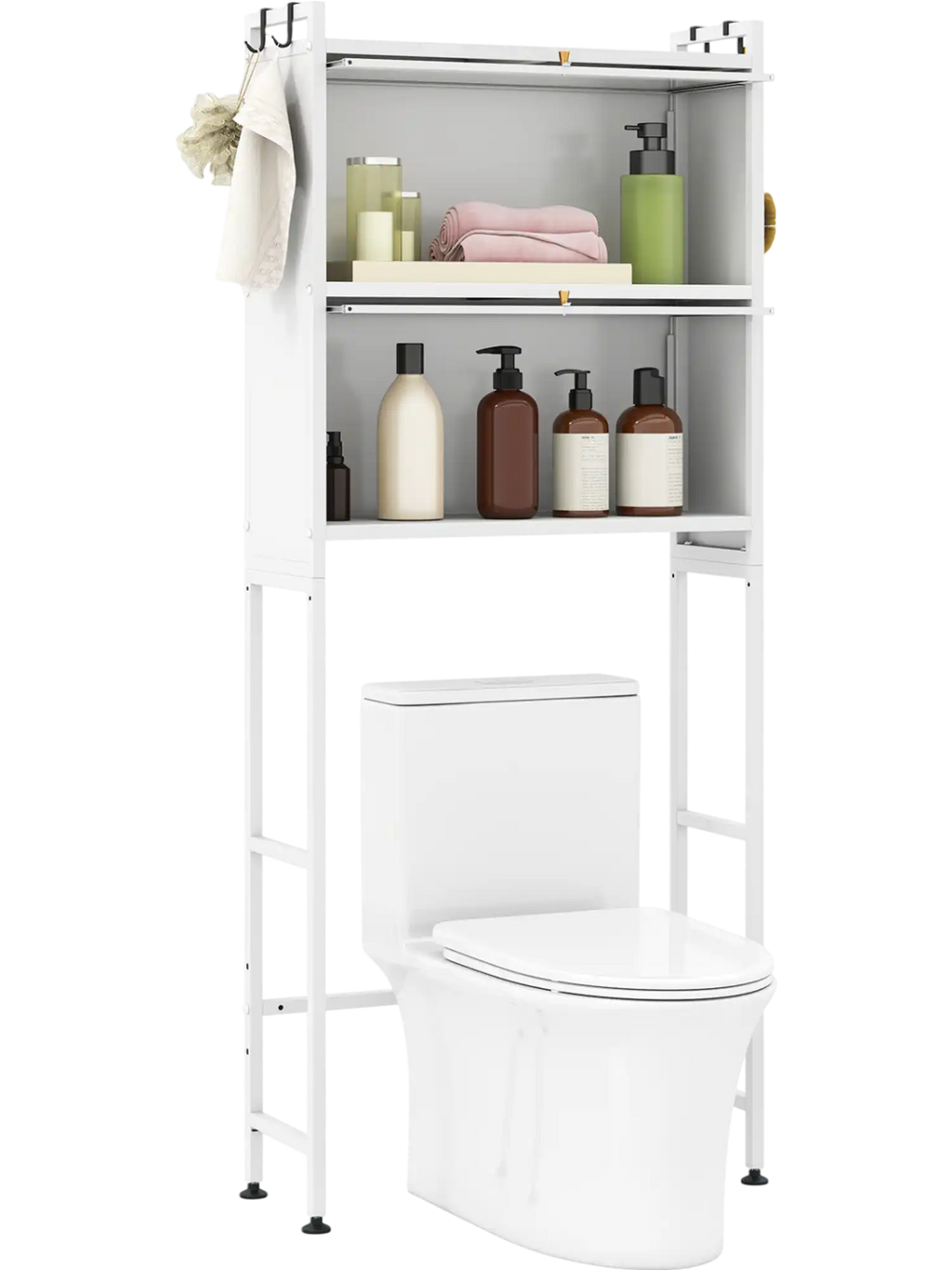 Over-the-toilet cabinet in white with flip-up doors, hooks, and adjustable feet for efficient bathroom storage.
