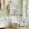 Over-the-toilet cabinet organizer in white with flip-up doors, providing smart storage and hooks for towels in a.