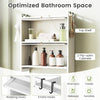 Over-the-toilet cabinet organizer in white with 2 flip-open cabinets and 4 hooks for efficient bathroom storage.