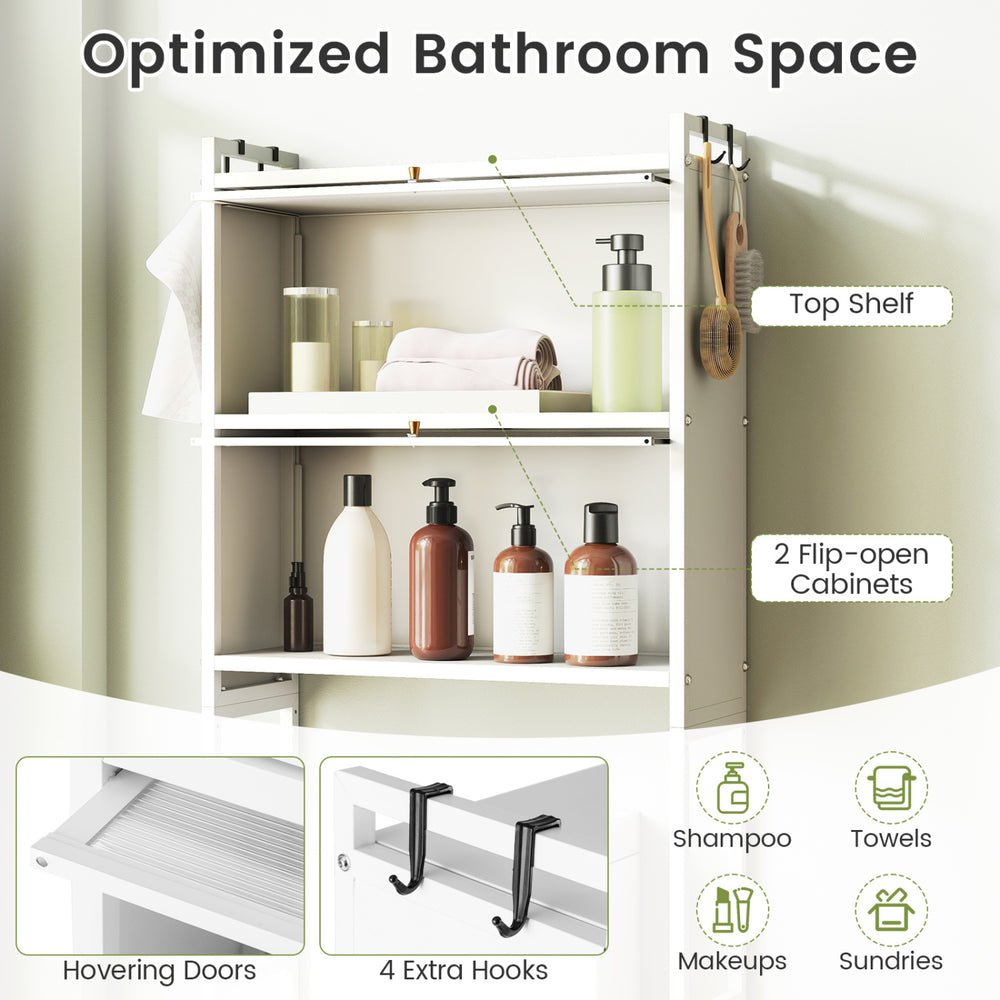 Over-the-toilet cabinet organizer in white with 2 flip-open cabinets and 4 hooks for efficient bathroom storage.