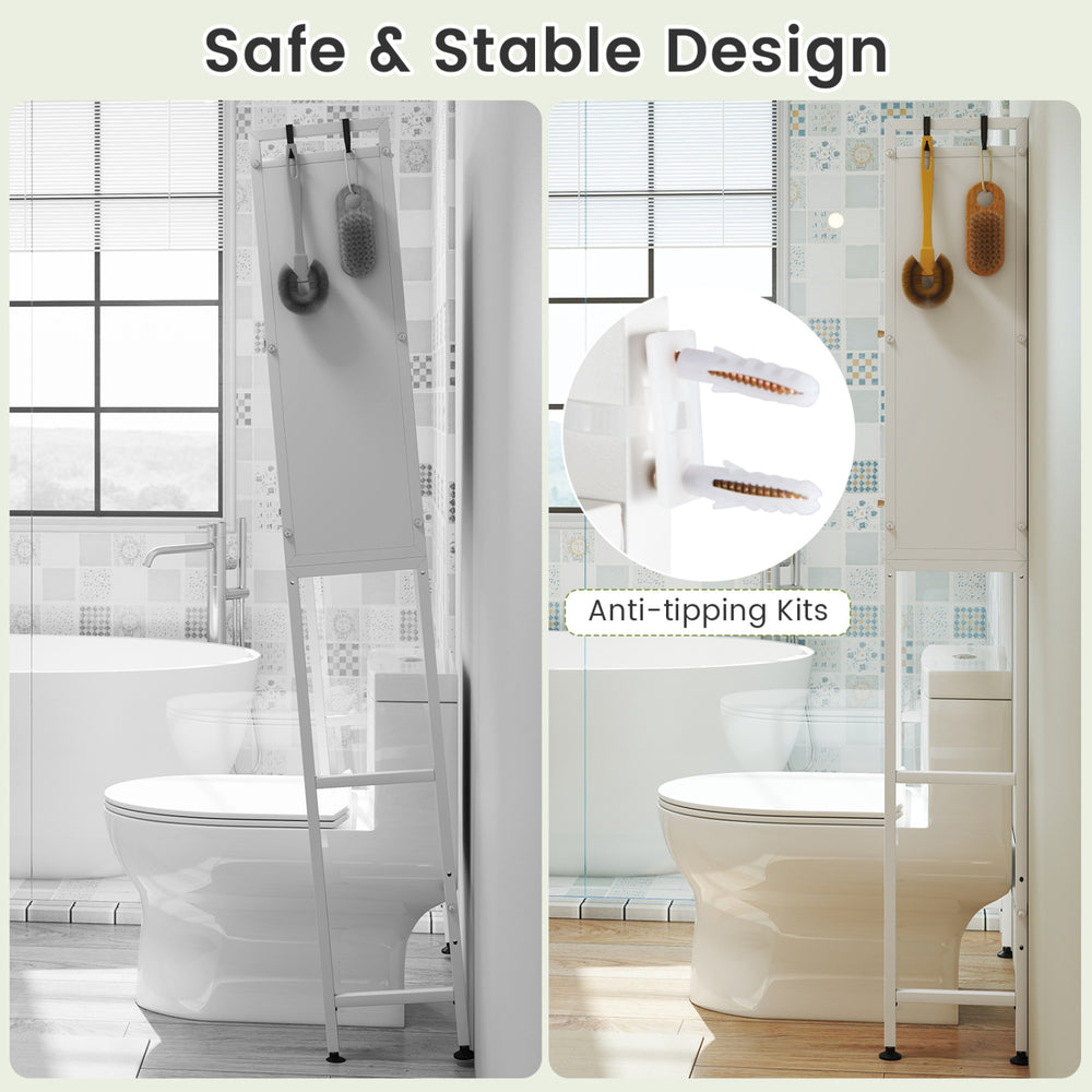 Over-the-toilet cabinet in white with flip-up doors, hooks, and anti-tipping kits for smart bathroom storage.