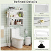 Over-the-toilet cabinet organizer in white with flip-up cabinets, hooks, and adjustable foot pads for smart bathroom.
