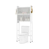 Over-the-toilet cabinet organizer in white with 2 flip-up cabinets and hooks for efficient bathroom storage.