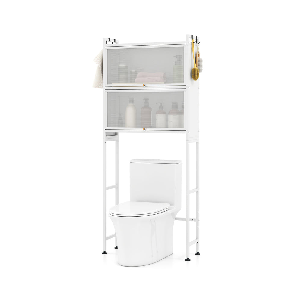 Over-the-toilet cabinet organizer in white with 2 flip-up cabinets and hooks for efficient bathroom storage.