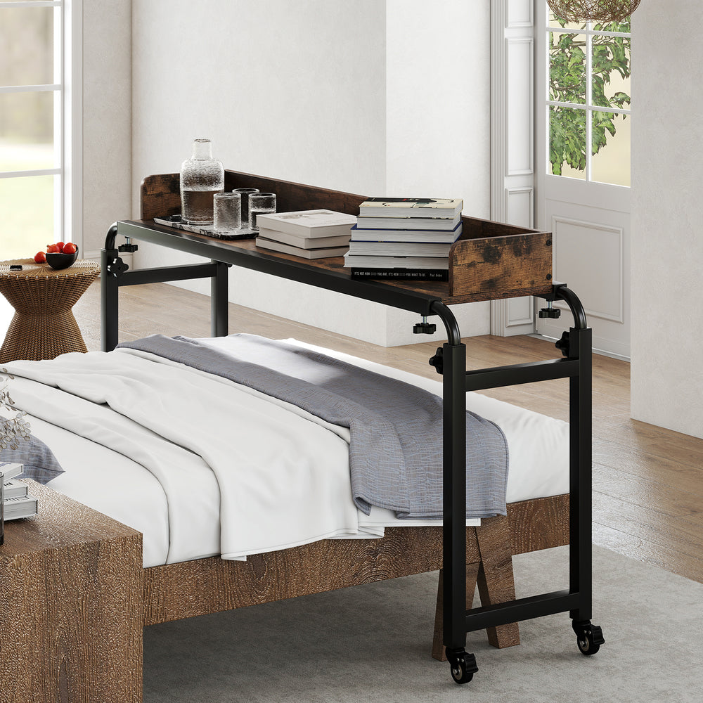 Overbed desk with wheels in brown, adjustable height for queen size beds, ideal for working, reading, or gaming.