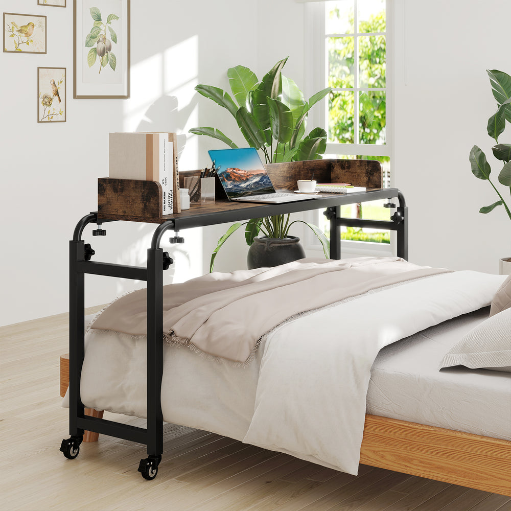 Overbed desk with wheels in brown, adjustable height, sturdy design, ideal for working or reading over a queen size bed.