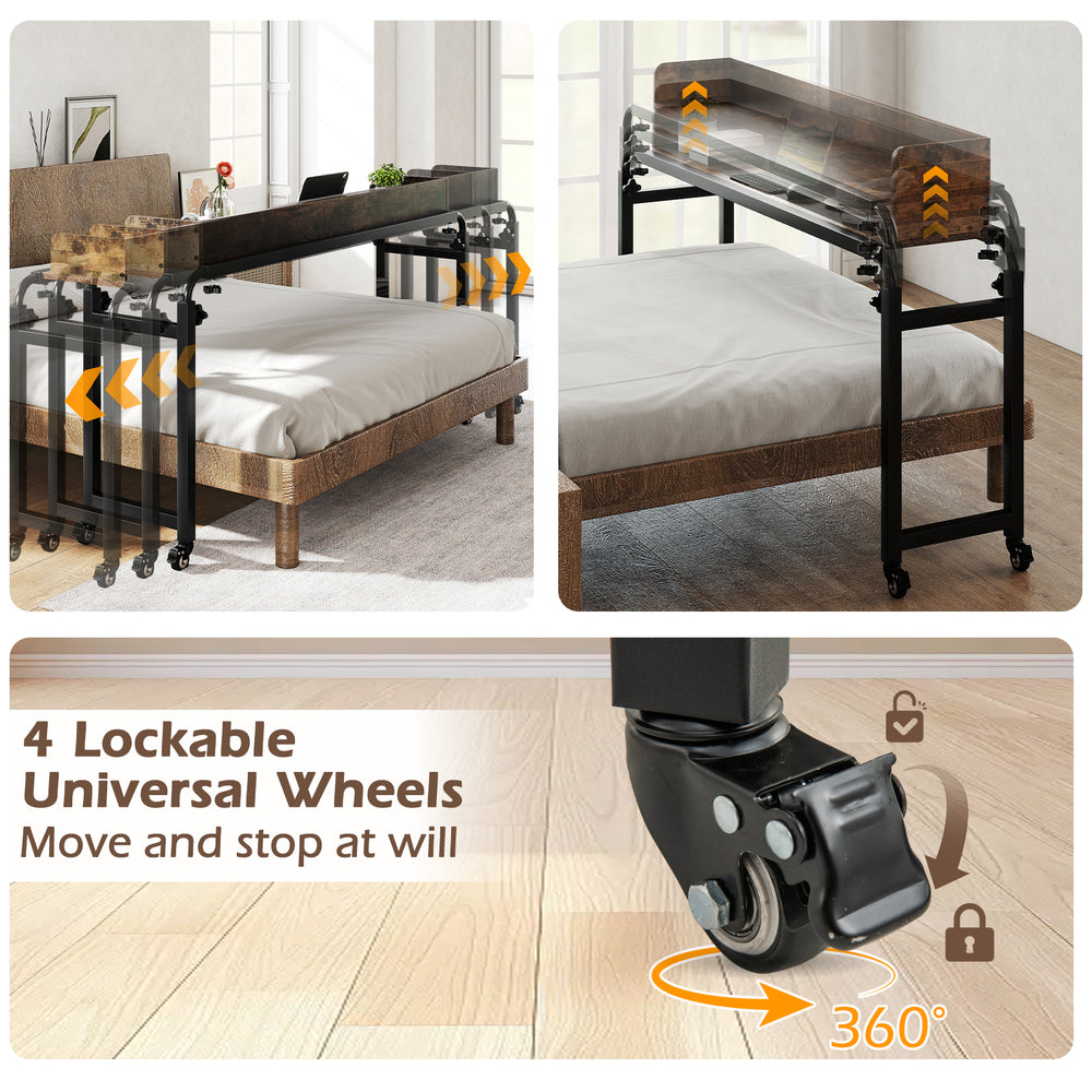 Overbed desk with adjustable height and lockable wheels, designed for queen size beds, ideal for work and leisure.