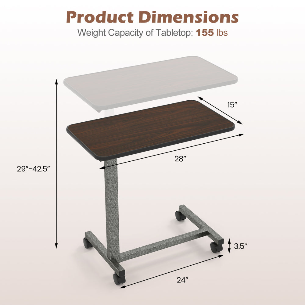 Overbed table with walnut finish, adjustable height, and lockable wheels, ideal for home and hospital use.