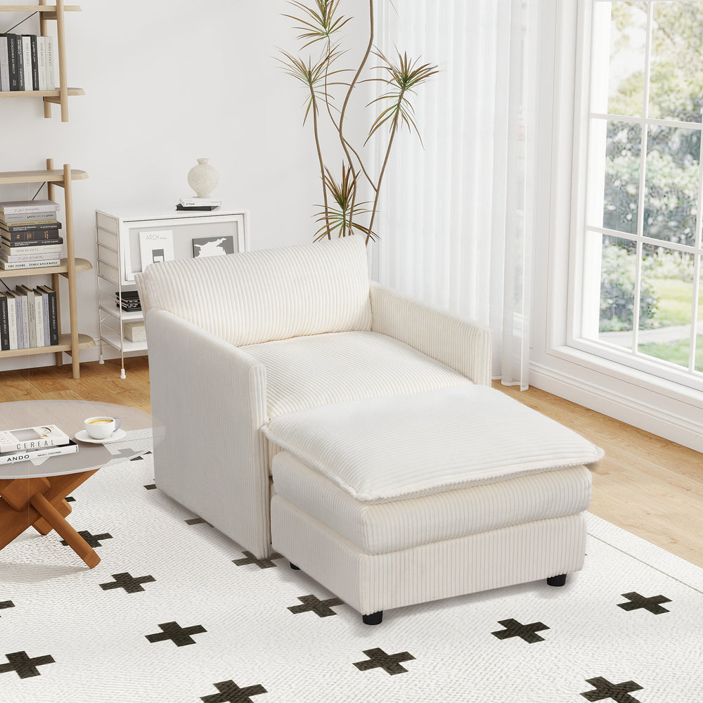 Oversized accent chair with beige soft corduroy cushions and multipurpose ottoman, perfect for relaxing in style.