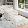 Oversized accent chair with ottoman in beige corduroy, featuring deep seat and cushioned armrests for ultimate comfort.