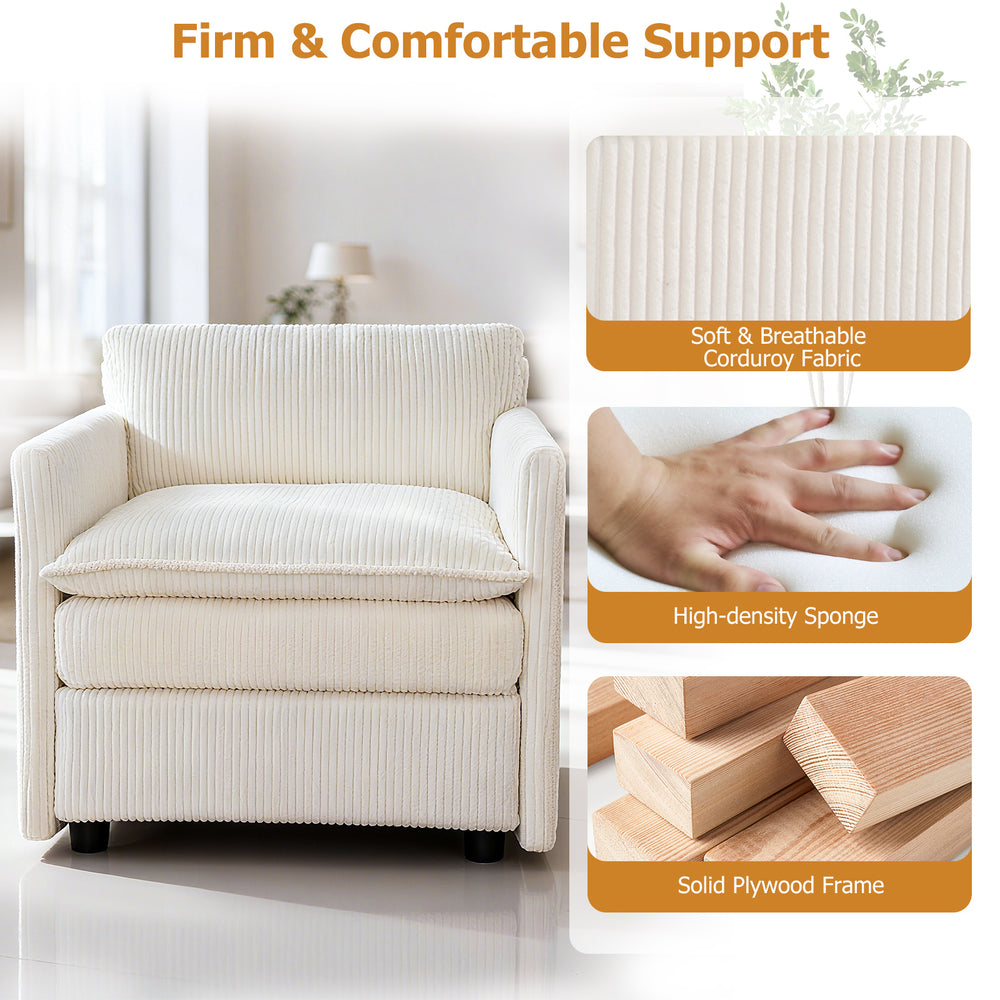 Oversized accent chair in beige with soft corduroy fabric, supportive sponge cushions, and included ottoman for.