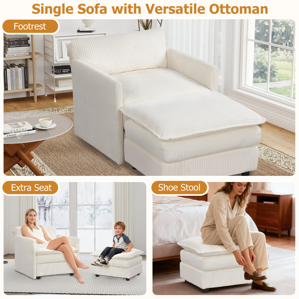 Oversized accent chair with beige soft corduroy cushions and versatile ottoman, perfect for relaxation and comfort.