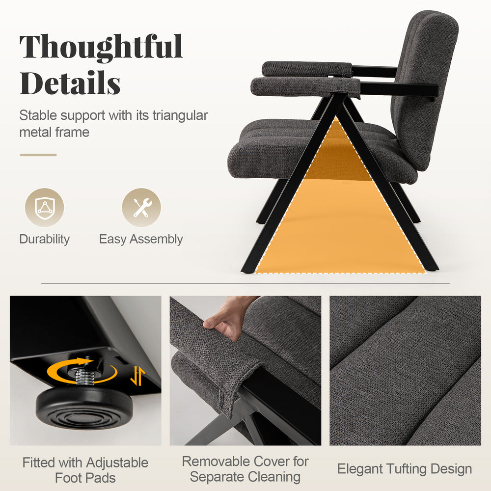 Oversized accent chair with gray fabric, metal frame, and ergonomic armrests, ideal for reading nooks or offices.