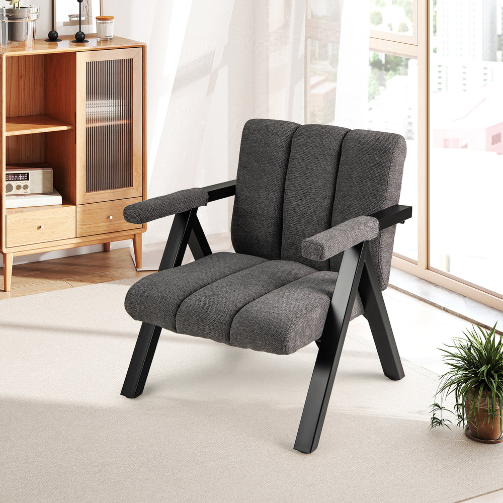 Oversized gray accent chair with metal frame and armrests, perfect for reading nooks or offices, featuring ergonomic.