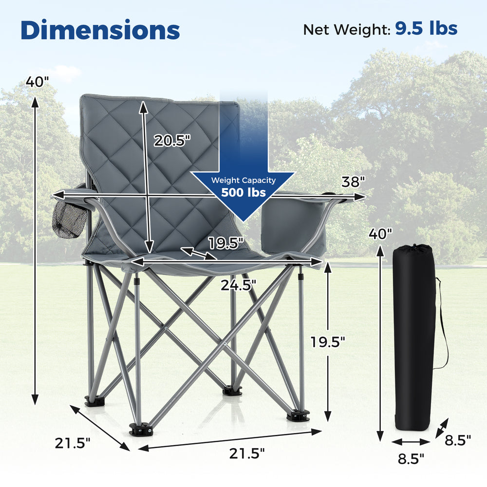 Oversized gray camping chair with cooler pouch, cup holder, and ergonomic design, supporting up to 500 lbs for outdoor.