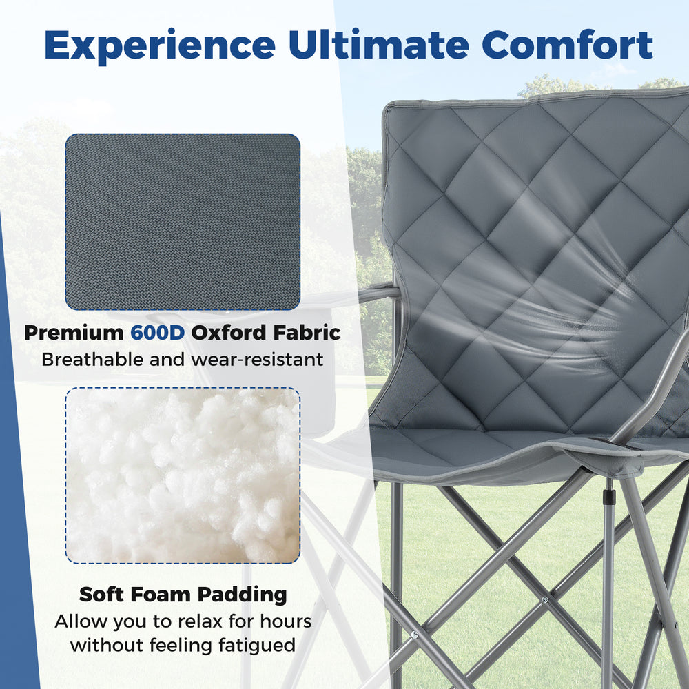 Oversized gray camping chair with padded seat, 600D Oxford fabric, and built-in cup holder for outdoor comfort.