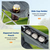 Side cup holder and zippered cooler pouch on oversized gray camping chair for easy drink access and chilling.