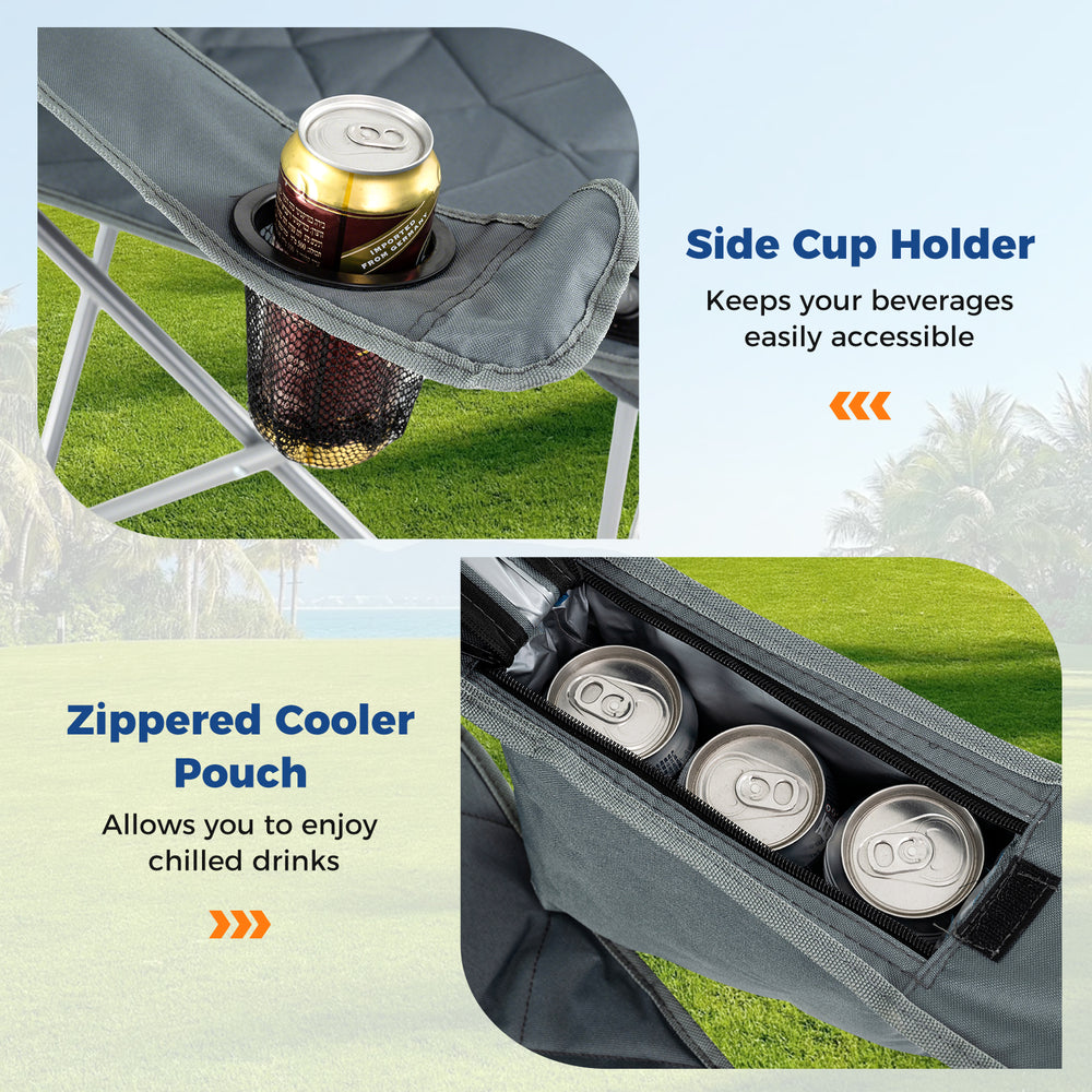 Side cup holder and zippered cooler pouch on oversized gray camping chair for easy drink access and chilling.