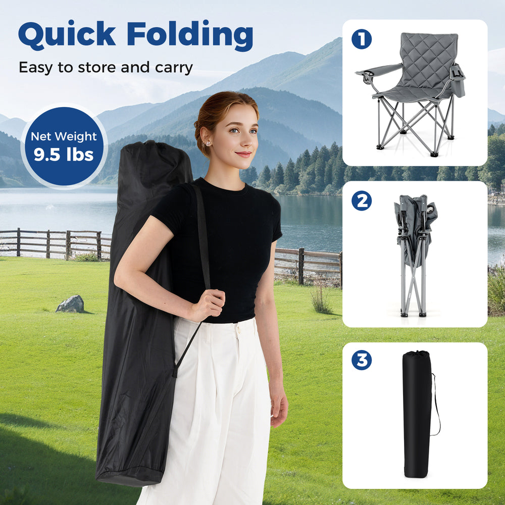 Oversized gray camping chair with cooler pouch and cup holder, featuring a quick folding design for easy transport.