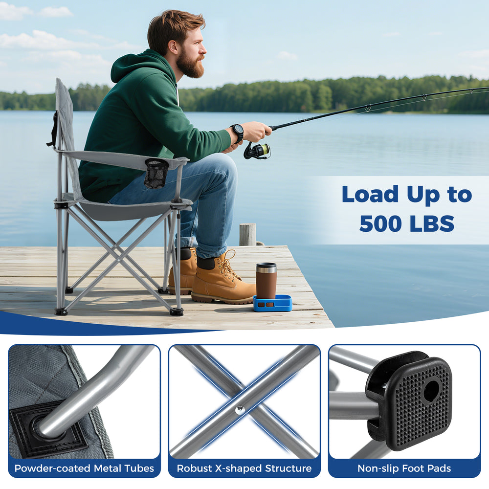 Oversized gray camping chair with cooler pouch and cup holder, supporting up to 500 lbs, perfect for outdoor activities.
