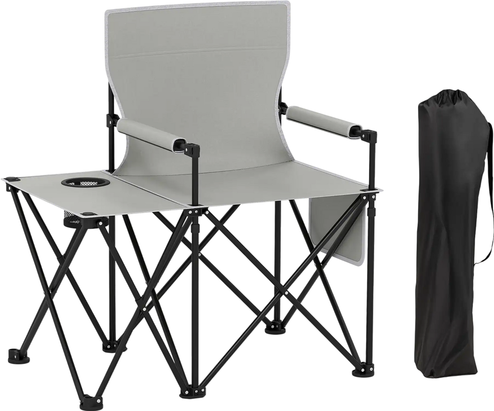 Oversized gray camping chair with side table, cup holder, and storage pockets, ideal for camping and outdoor use.
