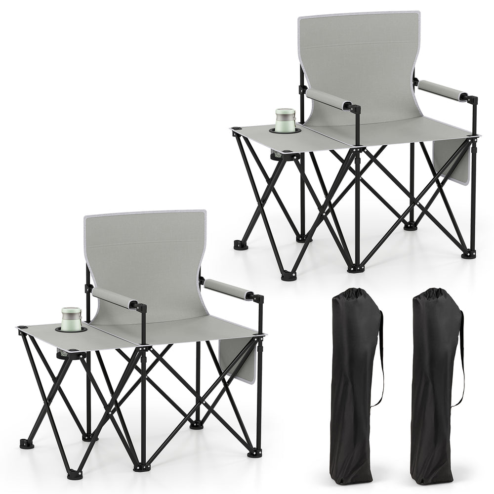 Oversized gray camping chair with side table, cup holder, and storage pockets, ideal for outdoor activities.