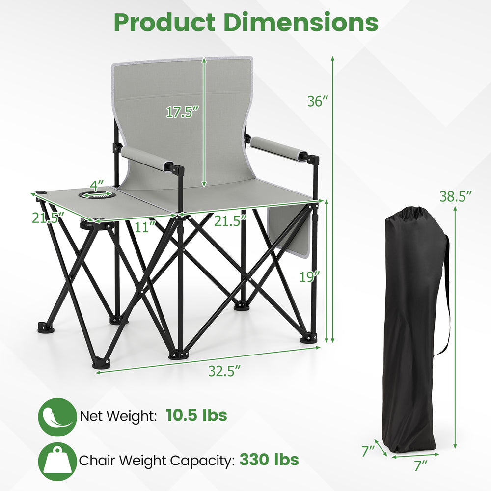 Oversized gray camping chair with side table, storage pockets, and padded armrests, ideal for outdoor activities.