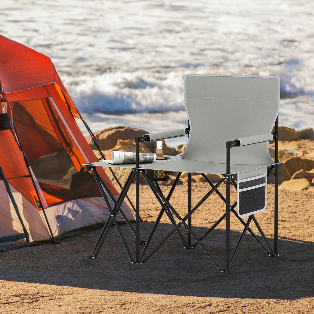 Oversized gray camping chair with side table, cup holder, and storage pockets, ideal for outdoor relaxation.