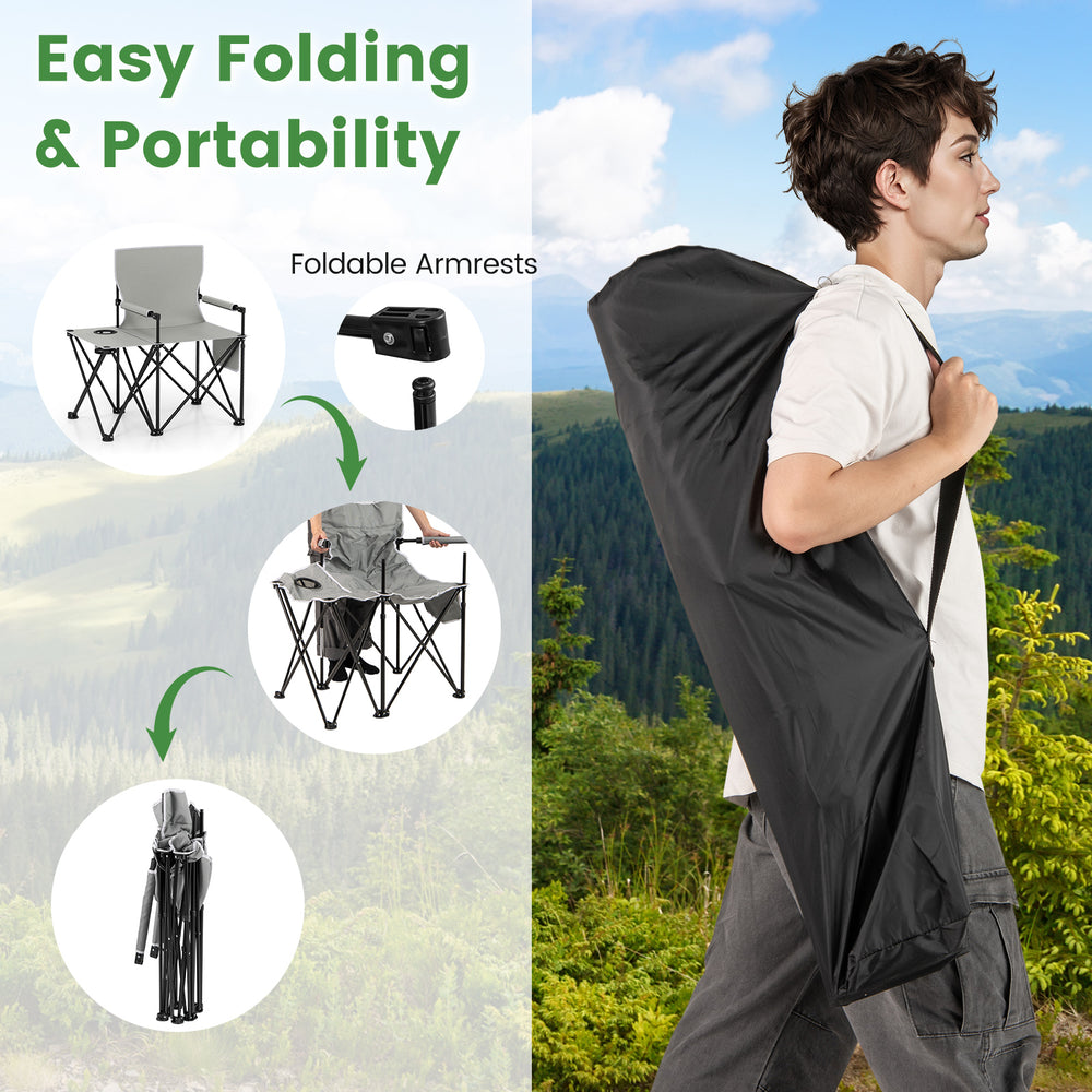 Oversized camping chair in gray with side table, cup holder, and storage pockets, ideal for outdoor adventures.