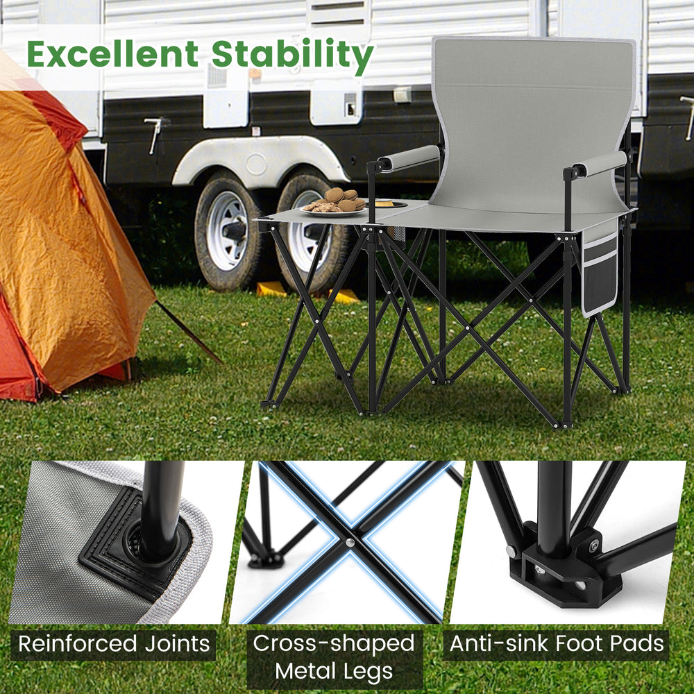 Oversized gray camping chair with integrated side table, cup holder, and storage pockets for outdoor convenience.