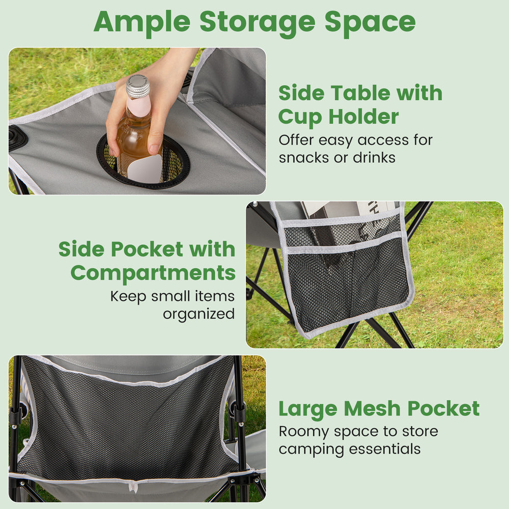 Oversized camping chair in gray with side table, cup holder, and storage pockets for snacks and essentials.