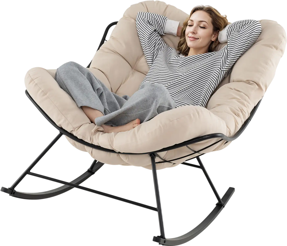 Oversized Egg Papasan chair with padded beige cushion, designed for comfort and relaxation, perfect for indoor or patio.