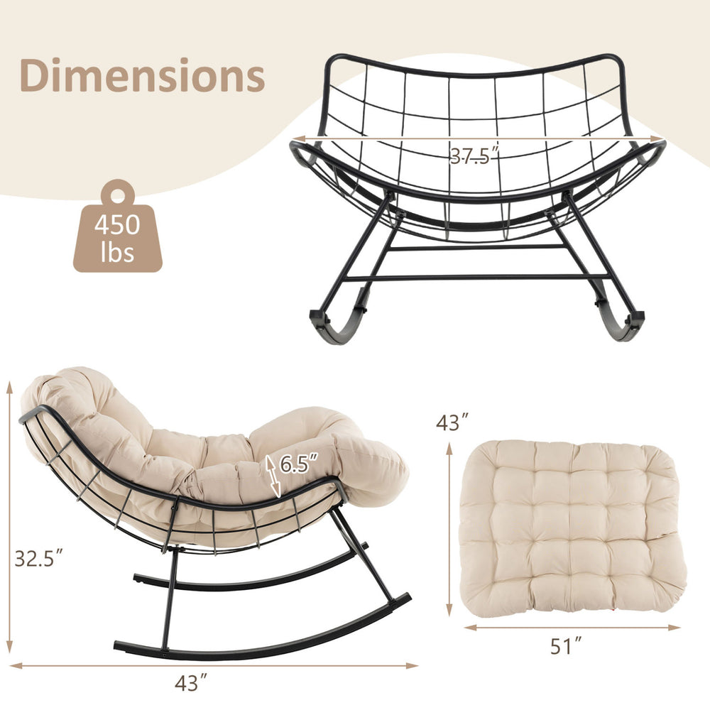 Oversized Egg Papasan chair with beige padded cushion, ergonomic design, and durable metal frame for indoor or patio.