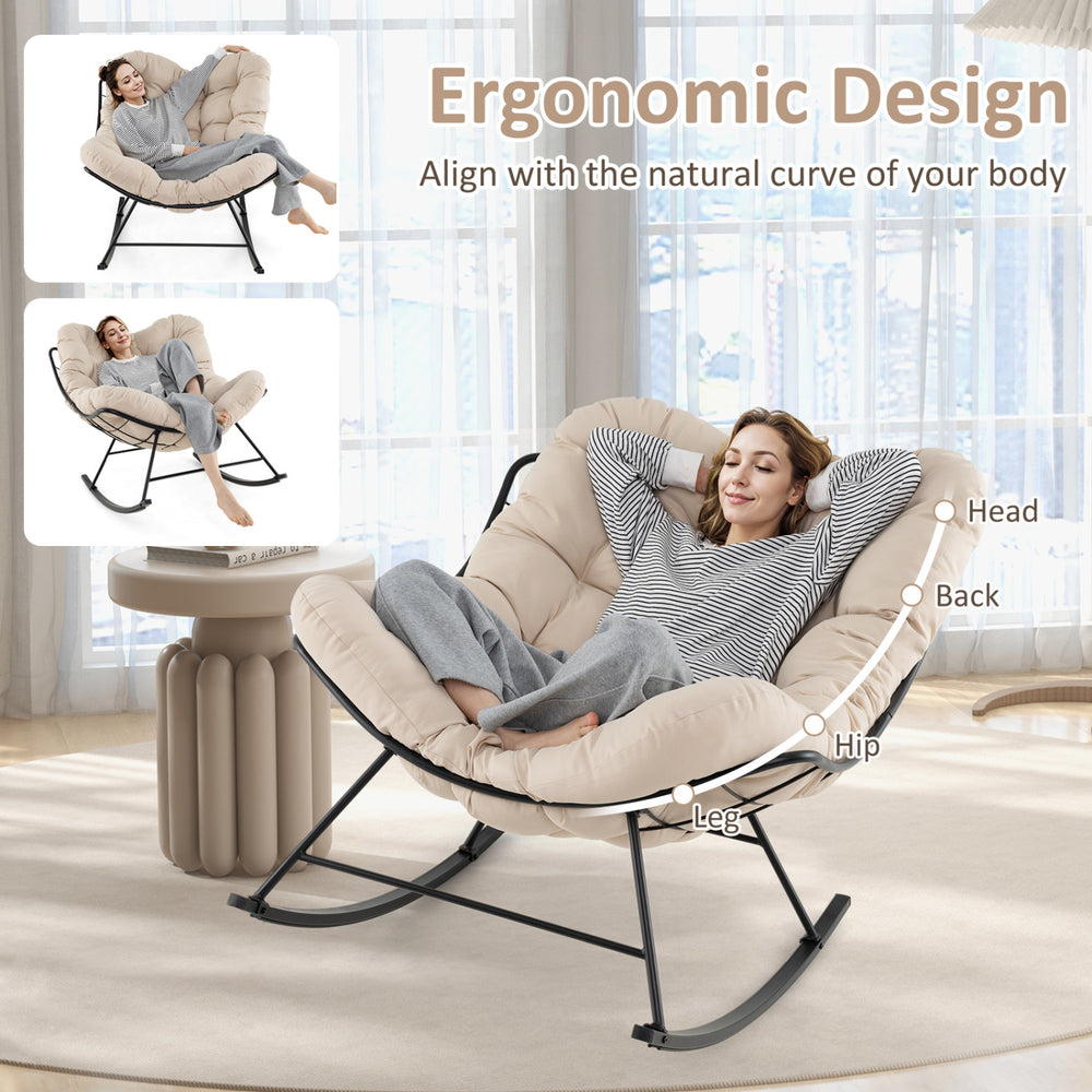 Oversized egg Papasan chair with padded cushion in beige, featuring ergonomic design for ultimate comfort and support.
