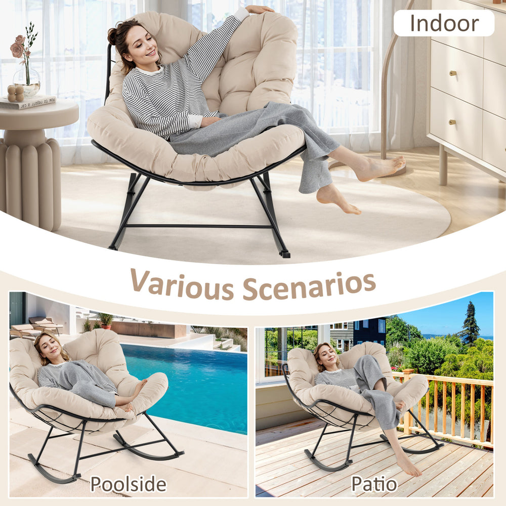 Oversized egg papasan chair with padded cushion in beige, perfect for indoor, poolside, or patio relaxation.