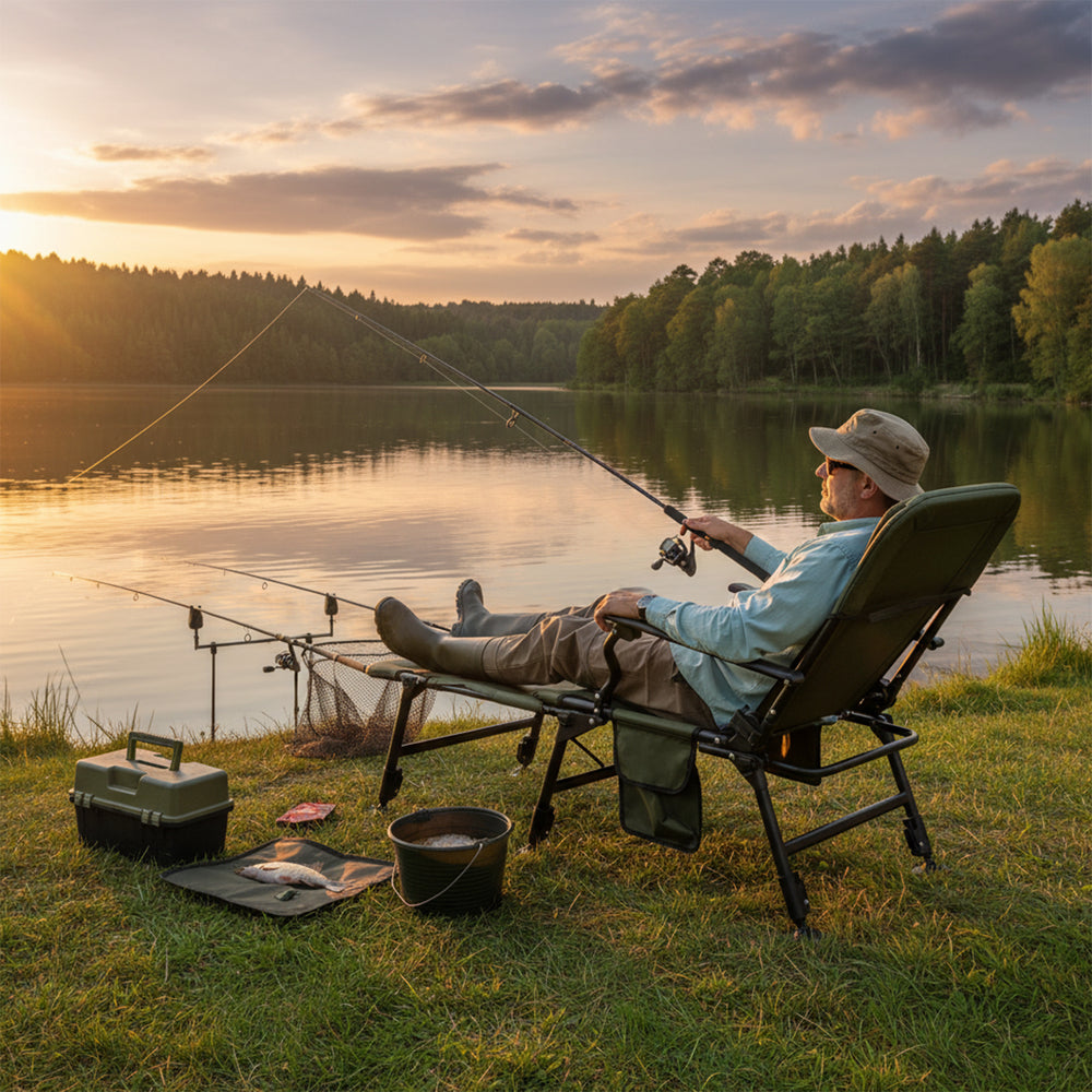 Oversized foldable fishing chair in green with adjustable backrest and detachable footrest, perfect for outdoor.