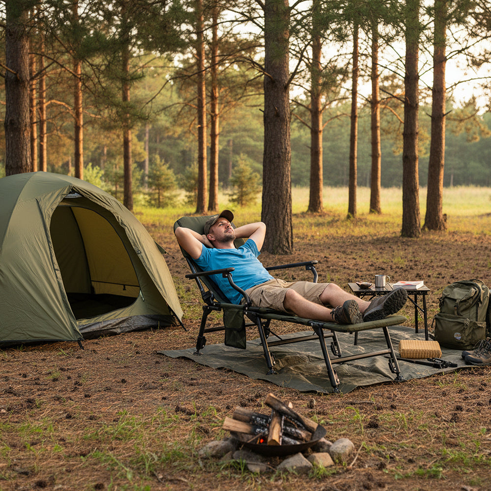 Oversized foldable fishing chair in green with detachable footrest, set up for camping relaxation in the woods.