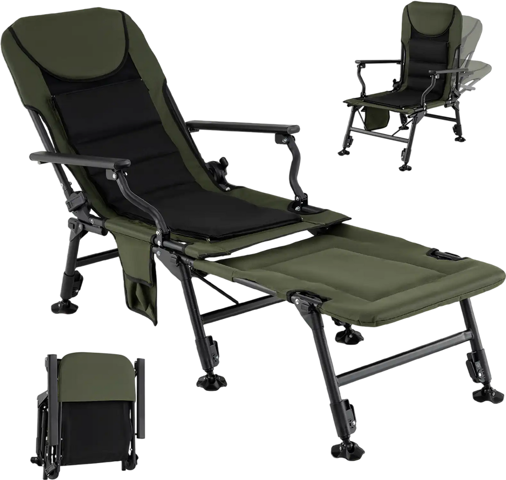 Oversized foldable fishing chair in green with detachable footrest, adjustable backrest, and 360° swivel feet for.