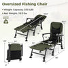 Oversized foldable fishing chair in green showing dimensions and features, ideal for outdoor activities and comfort.
