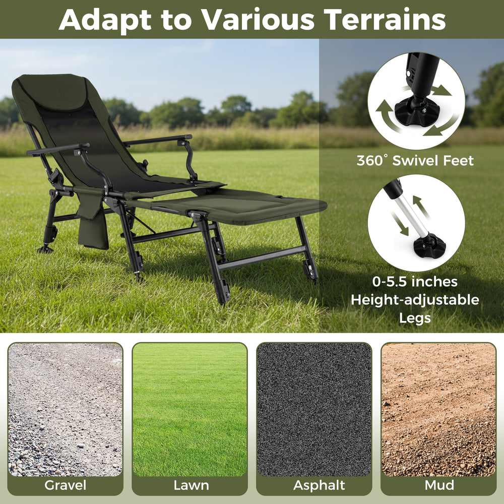 Oversized foldable fishing chair in green with adjustable legs, detachable footrest, and 360° swivel feet for outdoor.
