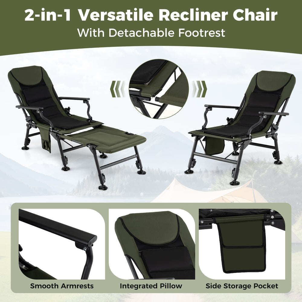Oversized foldable fishing chair in green with adjustable backrest, detachable footrest, and side storage pocket for.