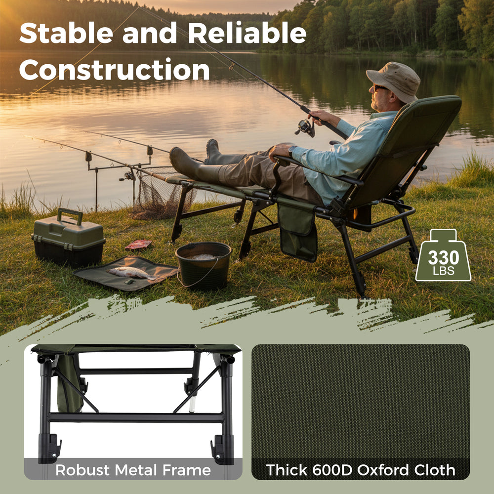 Oversized foldable fishing chair in green with detachable footrest, adjustable backrest, and robust metal frame for.