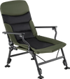 Oversized foldable fishing chair in green with adjustable backrest and armrests, perfect for outdoor adventures.