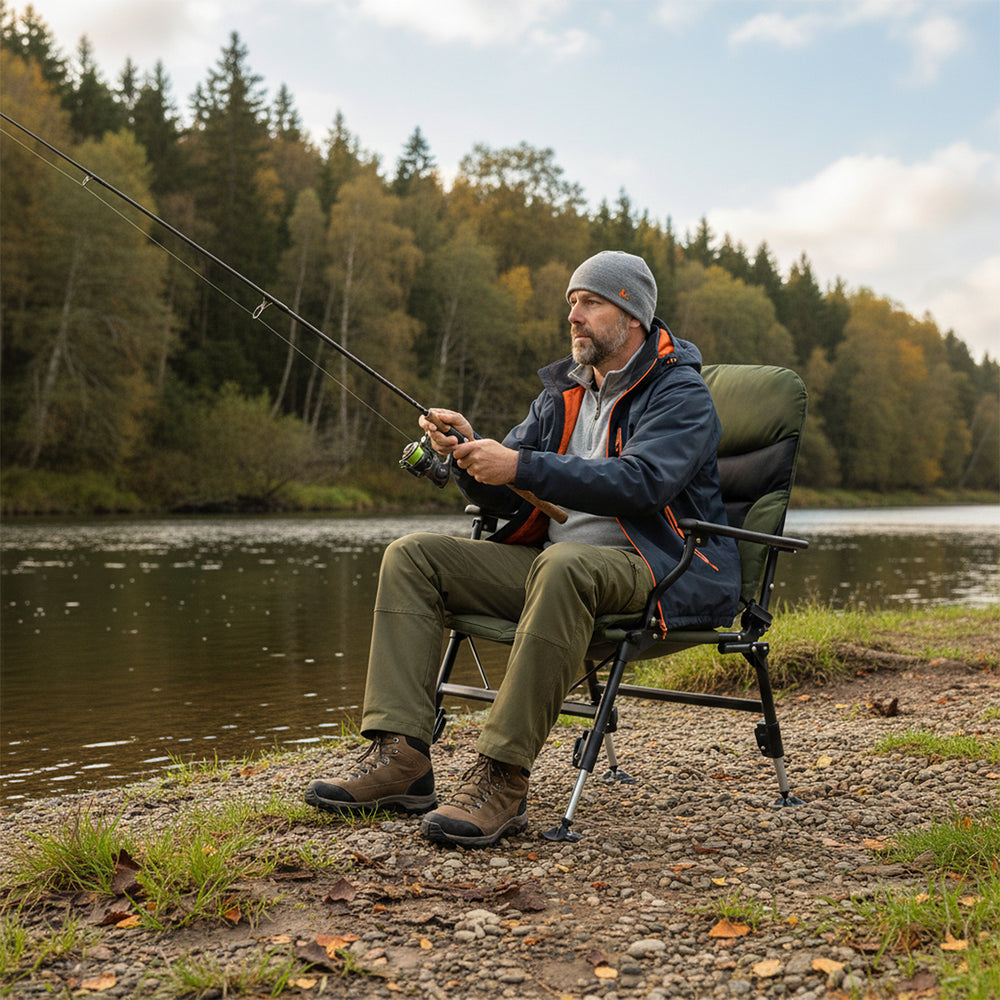 Oversized foldable fishing chair with armrest in green, featuring a height-adjustable design for outdoor comfort.