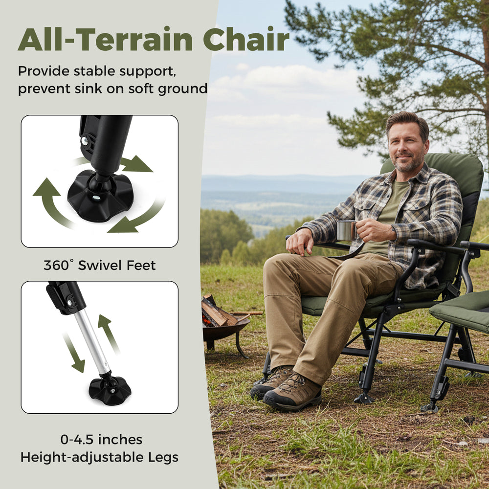Oversized foldable fishing chair in green with height-adjustable legs and 360° swivel feet for outdoor stability.