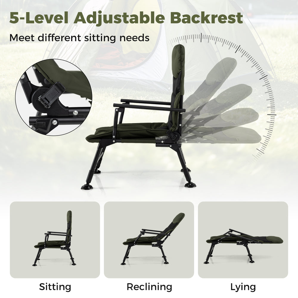 Oversized foldable fishing chair in green with 5-level adjustable backrest for sitting, reclining, and lying.