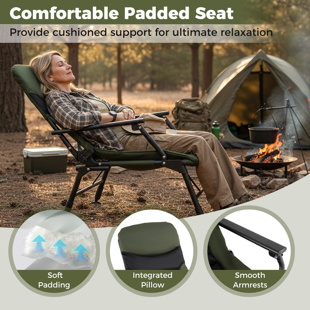 Oversized foldable fishing chair in green with padded seat, adjustable backrest, and smooth armrests for outdoor.