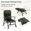 Oversized foldable fishing chair in green with a side view, highlighting its portable design and comfortable padded.